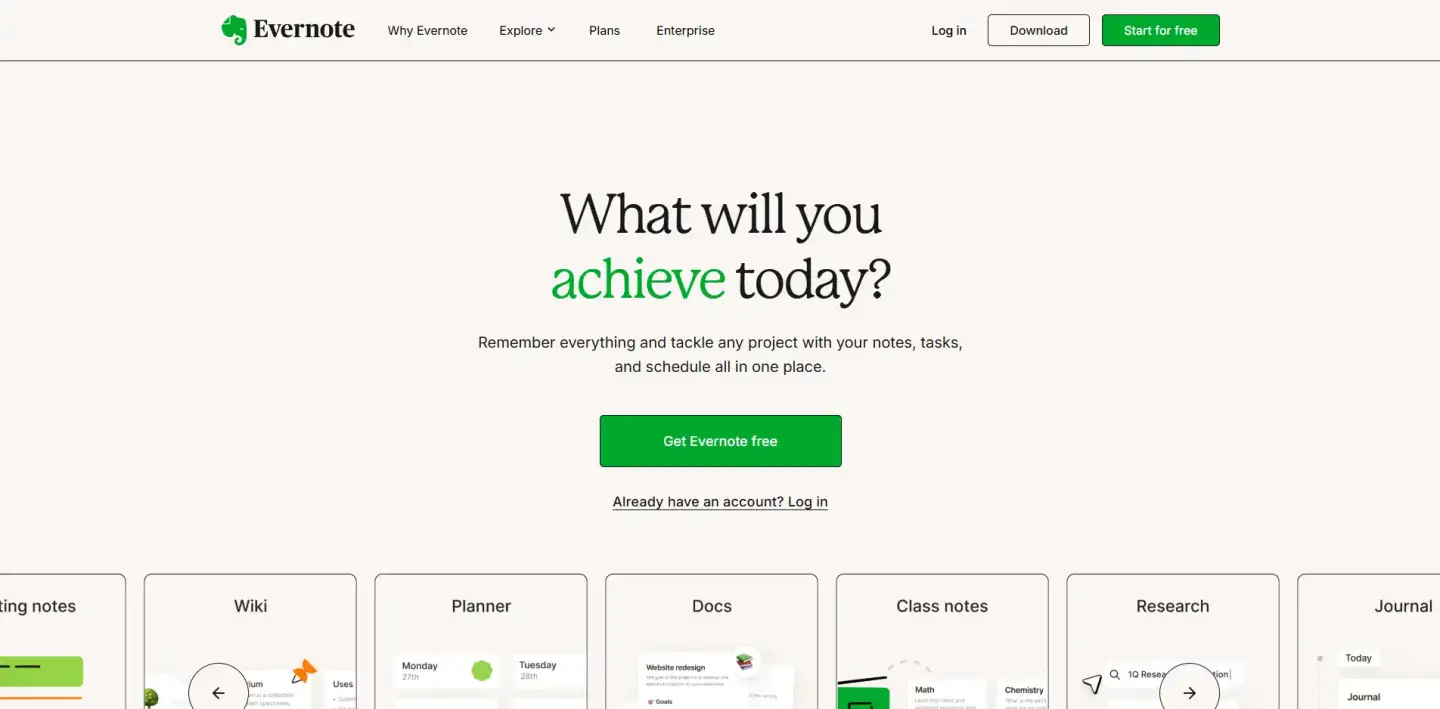 Evernote homepage with a motivational headline, green call-to-action button, and preview of note templates like planner, docs, and journal.