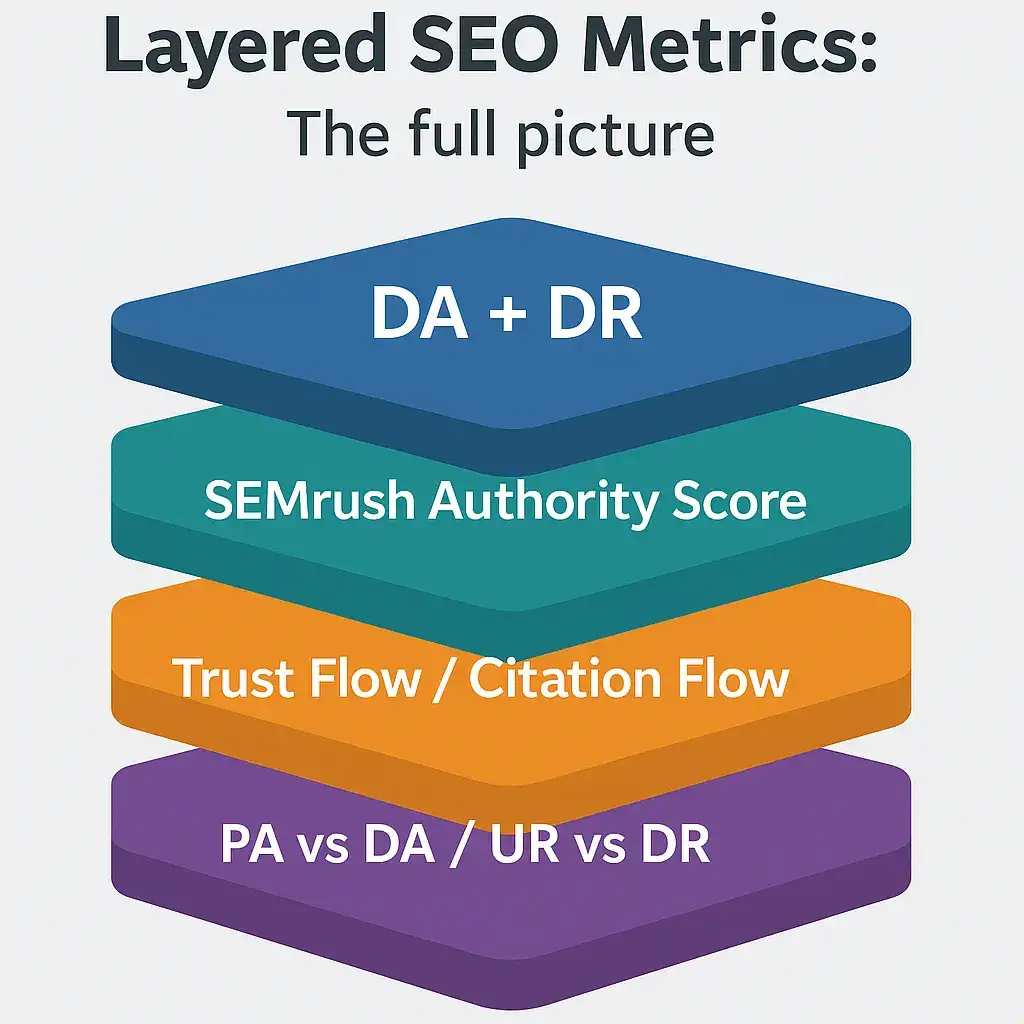Stacked SEO metrics: DA and DR, SEMrush Score, Trust Flow, and PA vs UR.