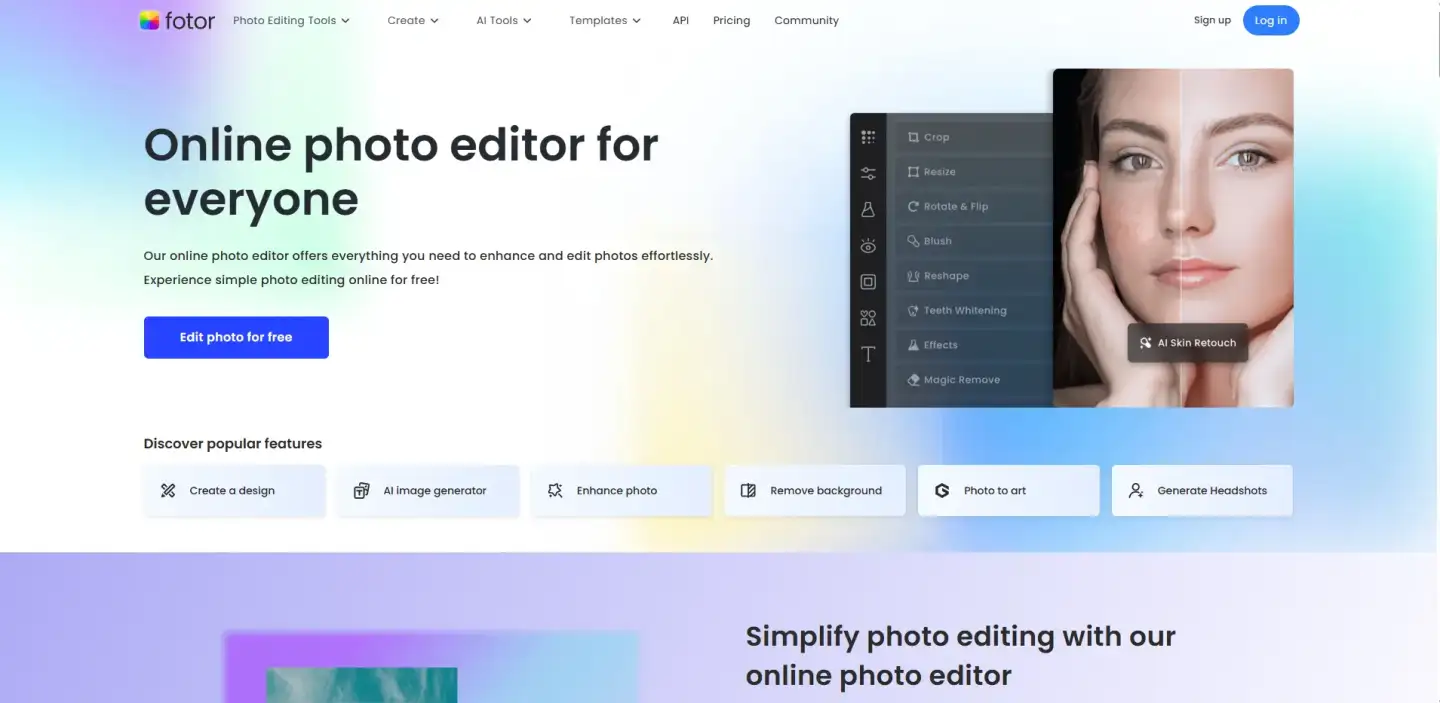 An online photo editor homepage showcasing retouch tools and a split before-and-after portrait demonstrating skin enhancements.