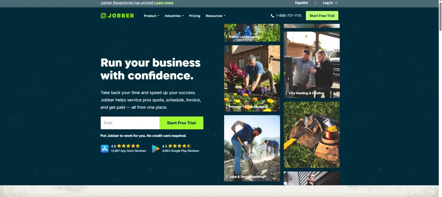 Jobber homepage promoting business management software for service providers with features to quote, schedule, invoice, and get paid from one platform.