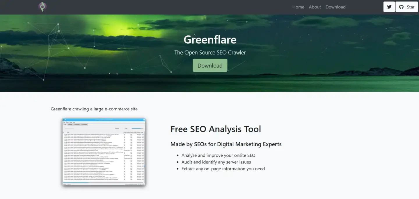 Screenshot of Greenflare’s interface showing a site crawl in progress.