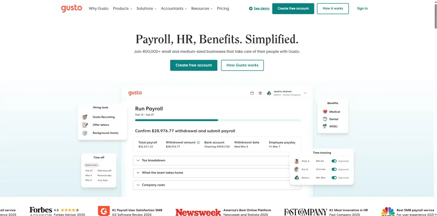 Gusto homepage showing payroll and HR platform dashboard with “Create free account” and “How Gusto works” buttons.