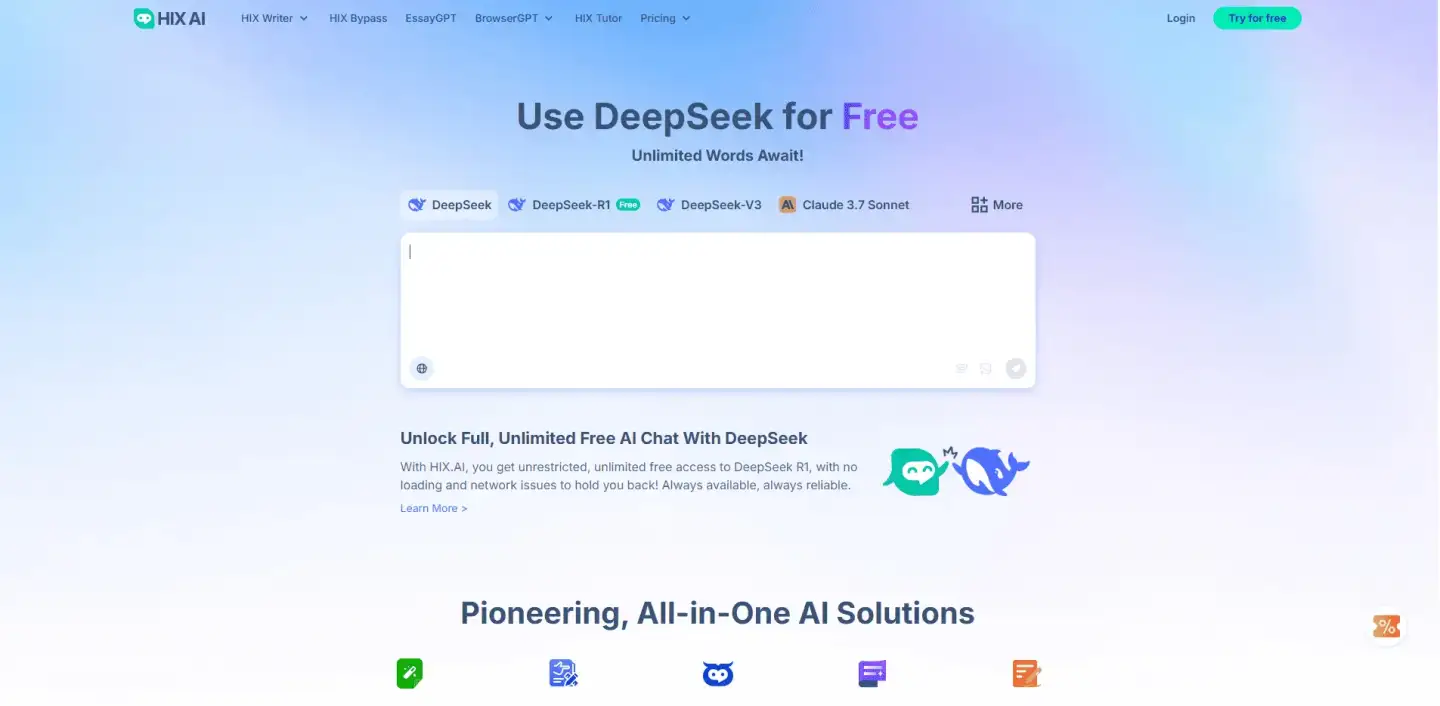 HIX.AI homepage displaying its “Use DeepSeek for Free” headline with an input box for unlimited AI writing and navigation links to tools like HIX Writer, HIX Bypass, and browser extensions.