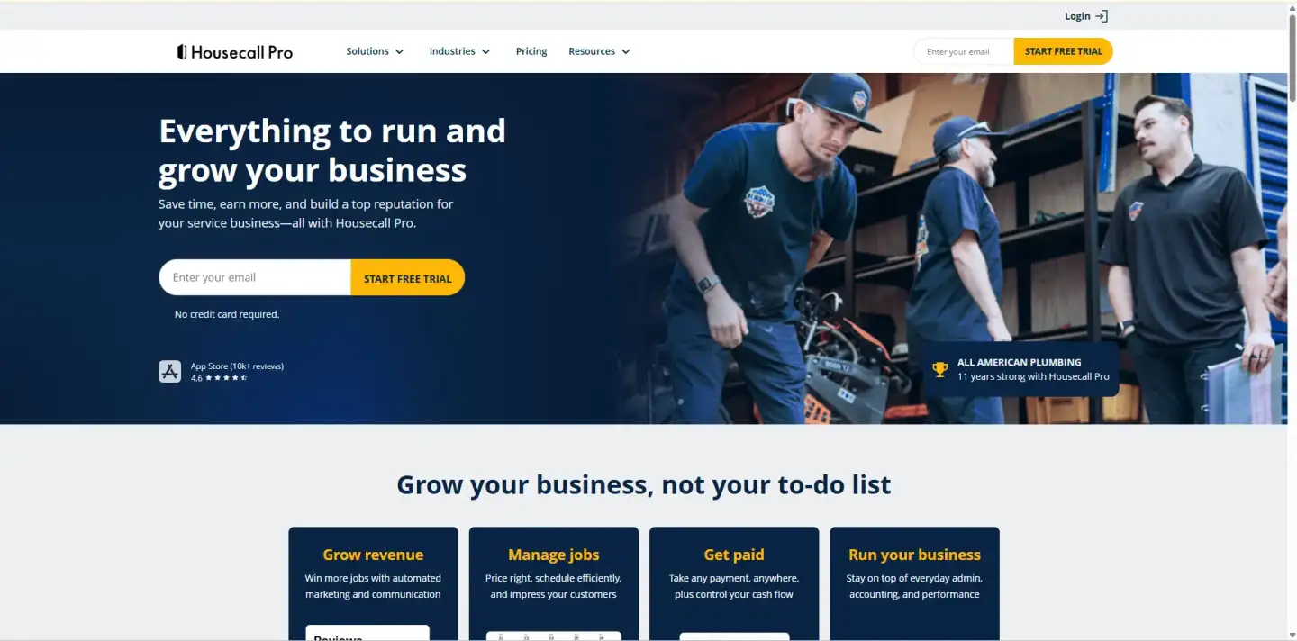 Housecall Pro homepage promoting business management software for service companies with features to grow revenue, manage jobs, get paid, and run operations.