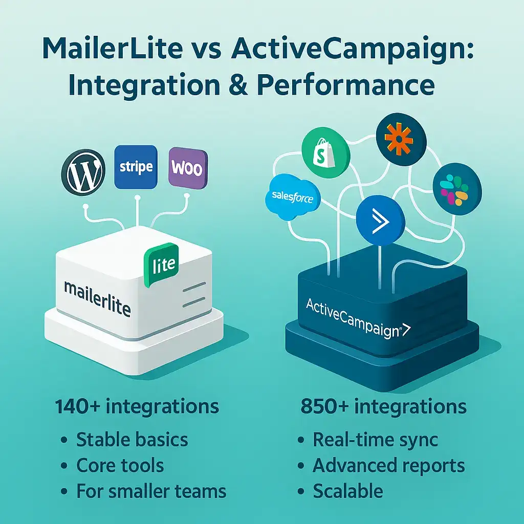 MailerLite vs ActiveCampaign integration comparison—140+ basic vs 850+ advanced integrations.