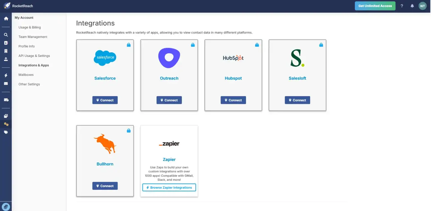 RocketReach integrations dashboard displaying connection options with platforms like Salesforce, Outreach, HubSpot, Salesloft, Bullhorn, and Zapier. Shows integration cards with “Connect” buttons for each tool.