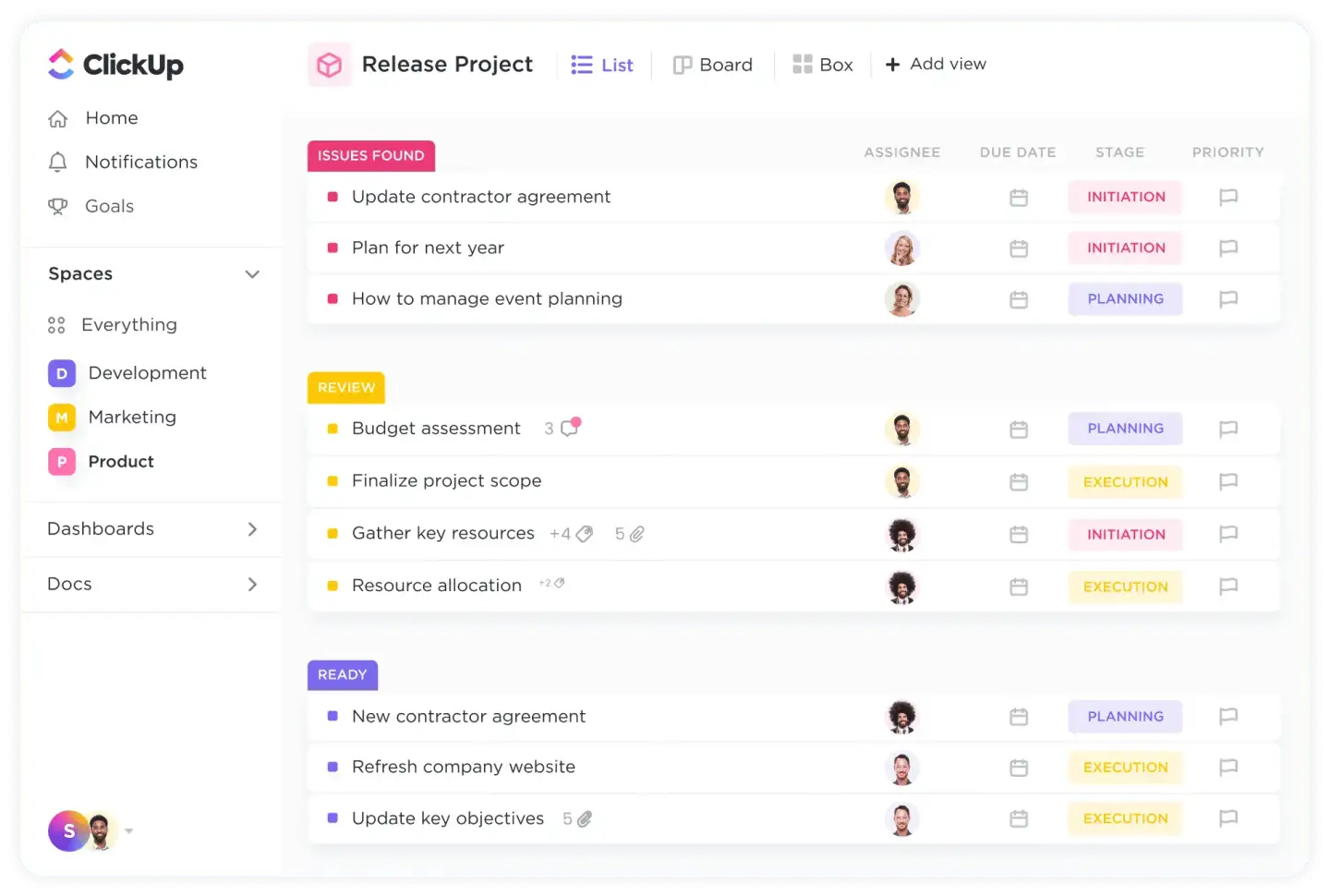 ClickUp interface showing a document with bullet points beside a task board or list—illustrating real-time connection between notes and projects.