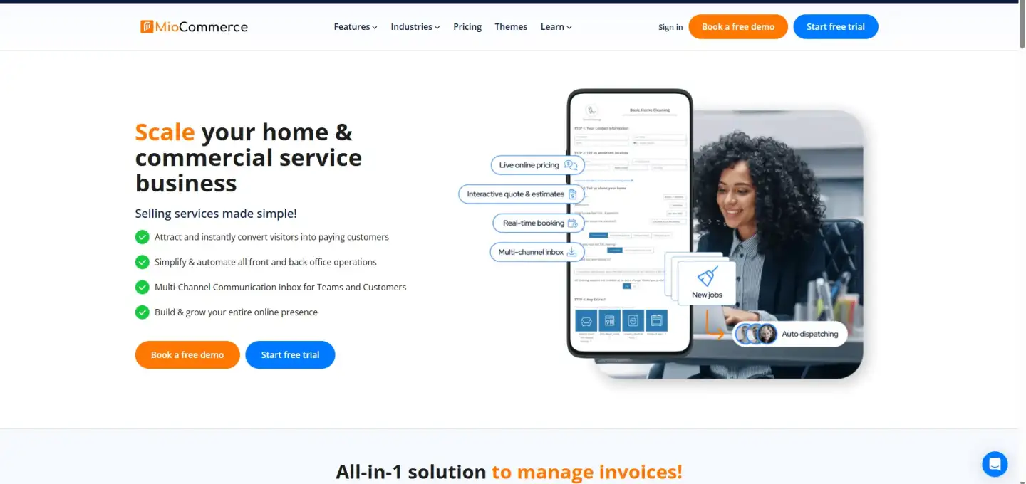 MioCommerce homepage highlighting tools to scale home and commercial service businesses with features like real-time booking, multi-channel inbox, and free demo or trial options.