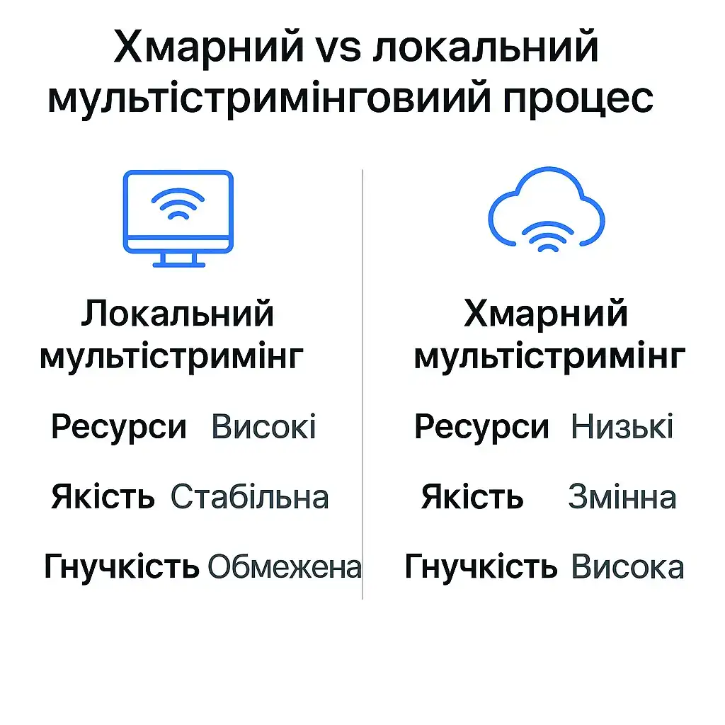 Інфографіка, що порівнює локальну та хмарну багатопотокову передачу: локальна передача вимагає багато ресурсів та забезпечує стабільну якість; хмара використовує мало ресурсів з високою гнучкістю.
