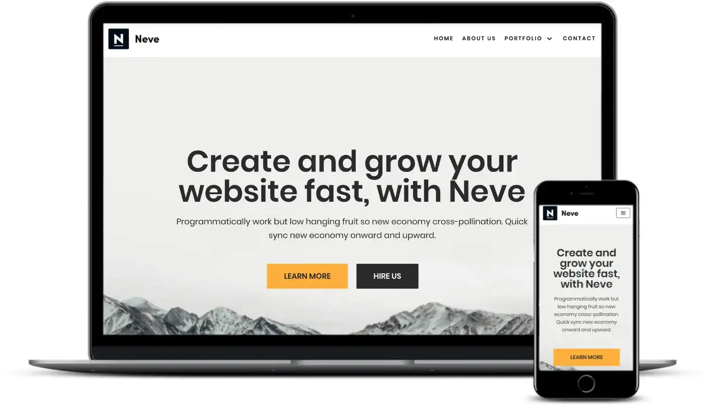 Neve WordPress theme shown on laptop and phone with clean, modern homepage.