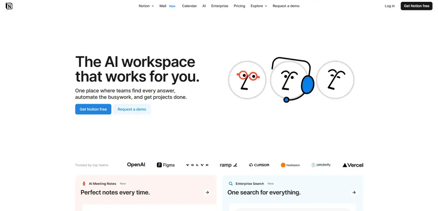 Notion homepage promoting its AI-powered workspace for teams, with headline text, call-to-action buttons, and logos of trusted companies like OpenAI and Figma.