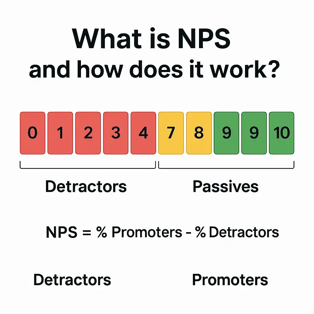 Net Promoter Score (NPS) scale with Promoters, Passives, and Detractors segments and formula for calculating score