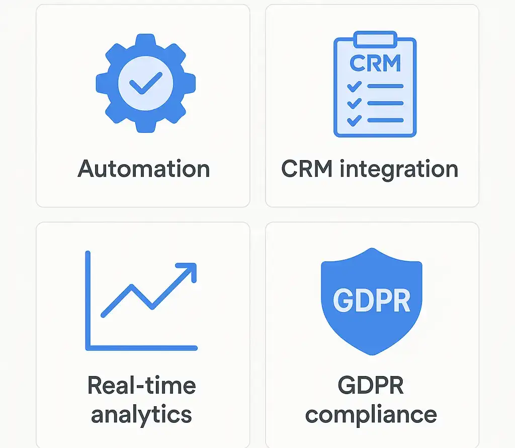 Comparison grid showing must-have features of NPS survey platforms in 2025 such as automation, integrations, analytics, and compliance