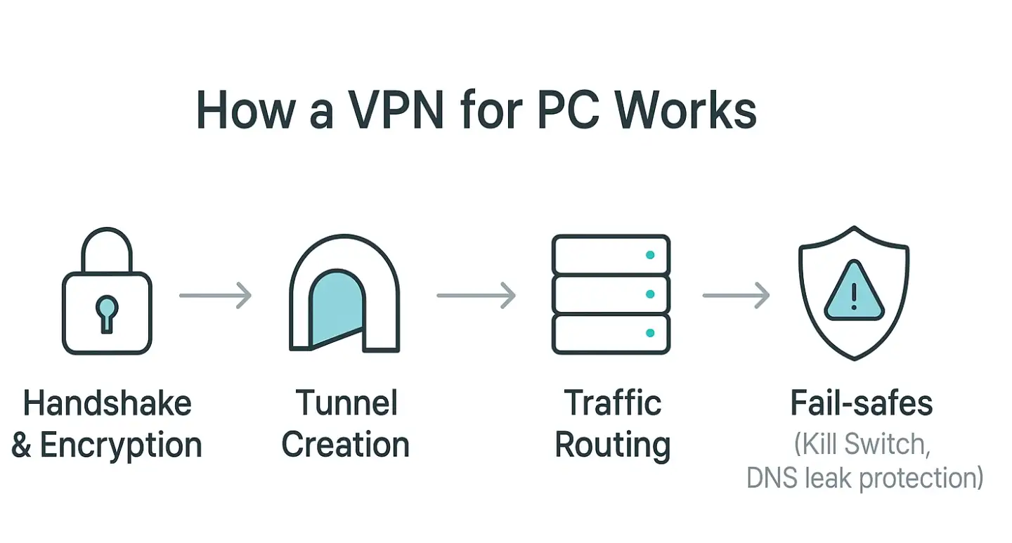 Горизонтальная блок‑схема из 4 шагов работы VPN на ПК: рукопожатие и шифрование, создание туннеля, маршрутизация трафика, защитные механизмы (Kill Switch, защита от DNS‑утечек).