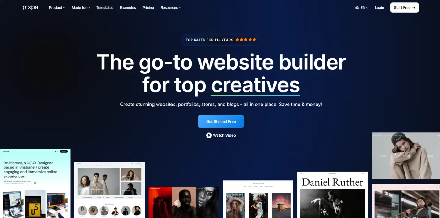 This is a screenshot that shows the interface of Pixpa. You can see the available templates and the editor it offers.