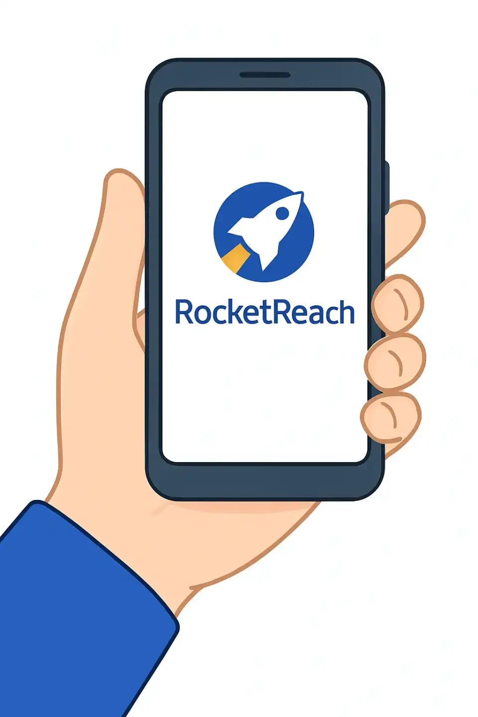 A hand holding a smartphone displaying the RocketReach logo on the screen. The image highlights mobile accessibility and app usability.