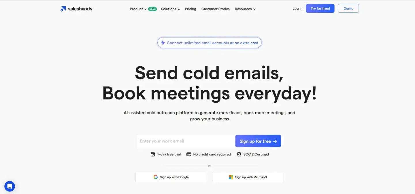 Screenshot of Saleshandy homepage with email tracking, mail merge, and sales engagement features