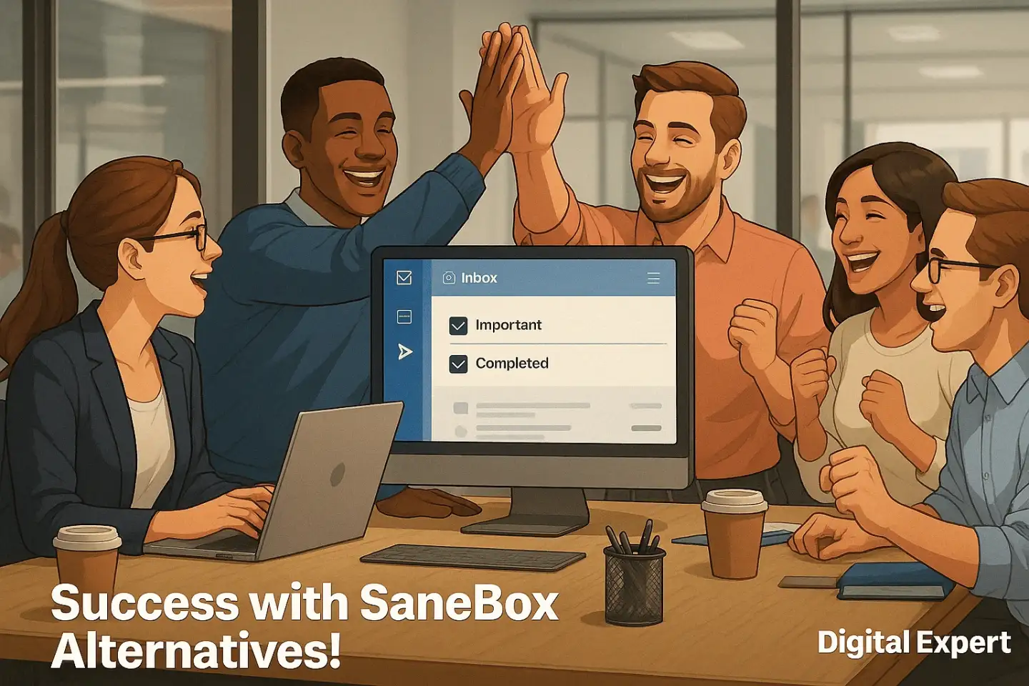 A team celebrating with high-fives over a clean inbox, captioned “Success with SaneBox Alternatives!”