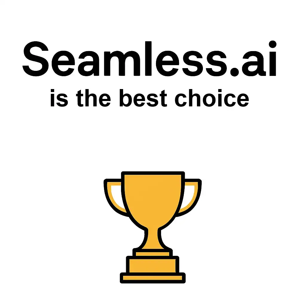 Minimalist graphic with the text “Seamless.ai is the best choice” above a gold trophy icon, symbolizing top performance.