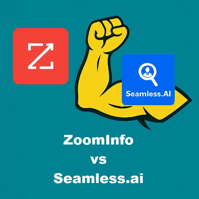 Illustration showing a muscular arm labeled with the Seamless.ai logo overpowering the ZoomInfo logo, with the caption “ZoomInfo vs Seamless.ai.”