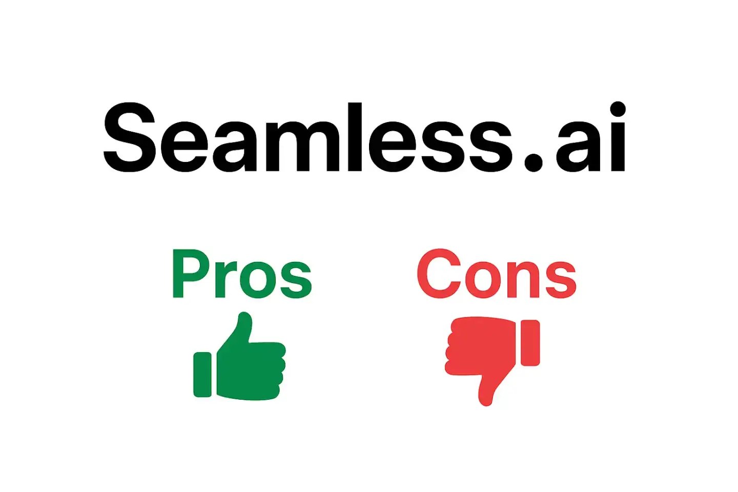 A minimalist graphic titled "Seamless.ai" with green "Pros" and a thumbs-up icon on the left, and red "Cons" with a thumbs-down icon on the right, all set against a white background.