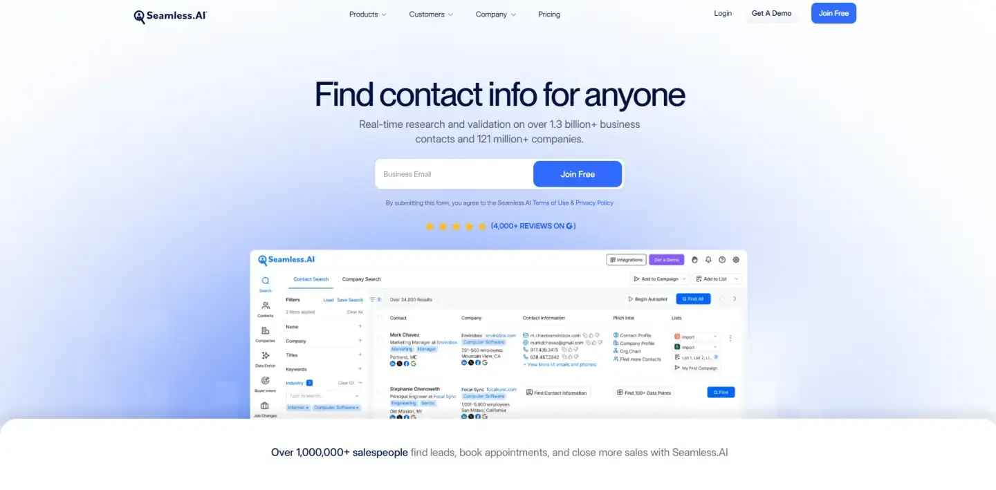 Homepage of Seamless.ai featuring a call-to-action to "Find contact info for anyone" with a demo of the platform’s lead search interface and a blue "Join Free" button.
