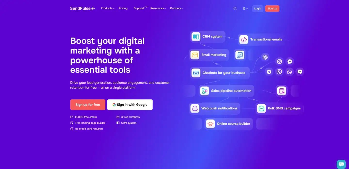 Screenshot of SendPulse interface with demonstration of multichannel tools.