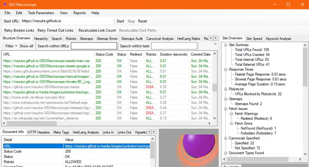 Screenshot of SEO Macroscope displaying a crawl overview.