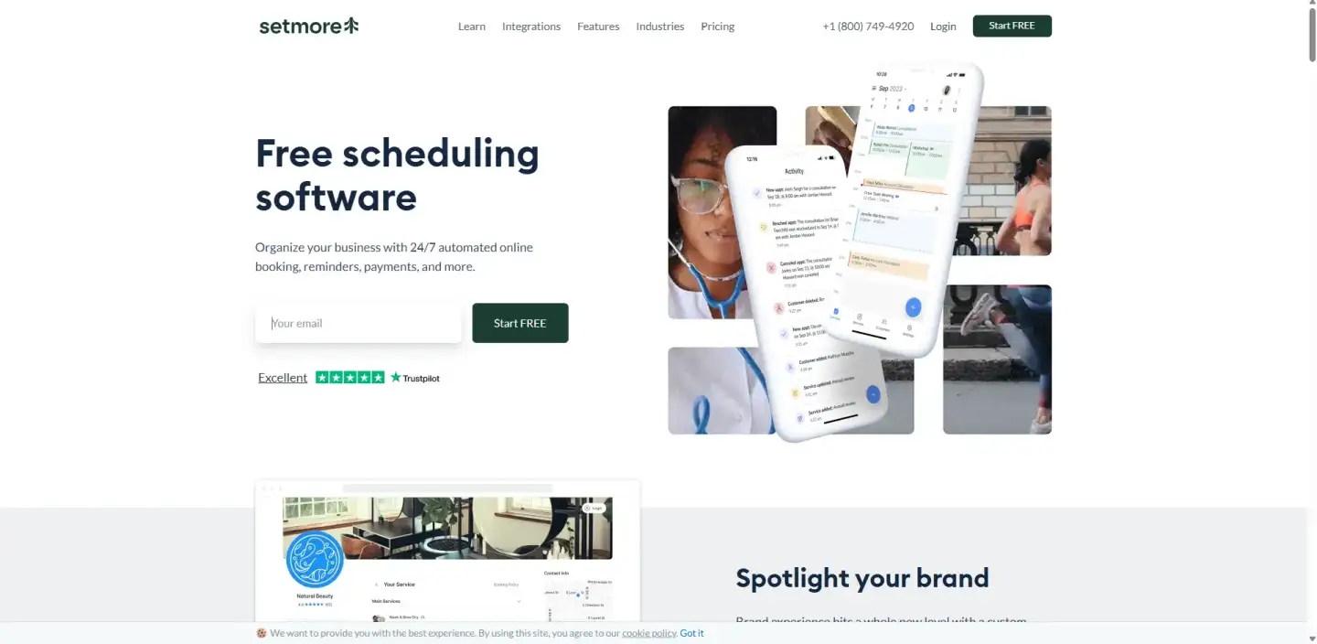 Setmore homepage promoting free scheduling software with 24/7 online booking, reminders, and payments, featuring mobile app preview and signup option.