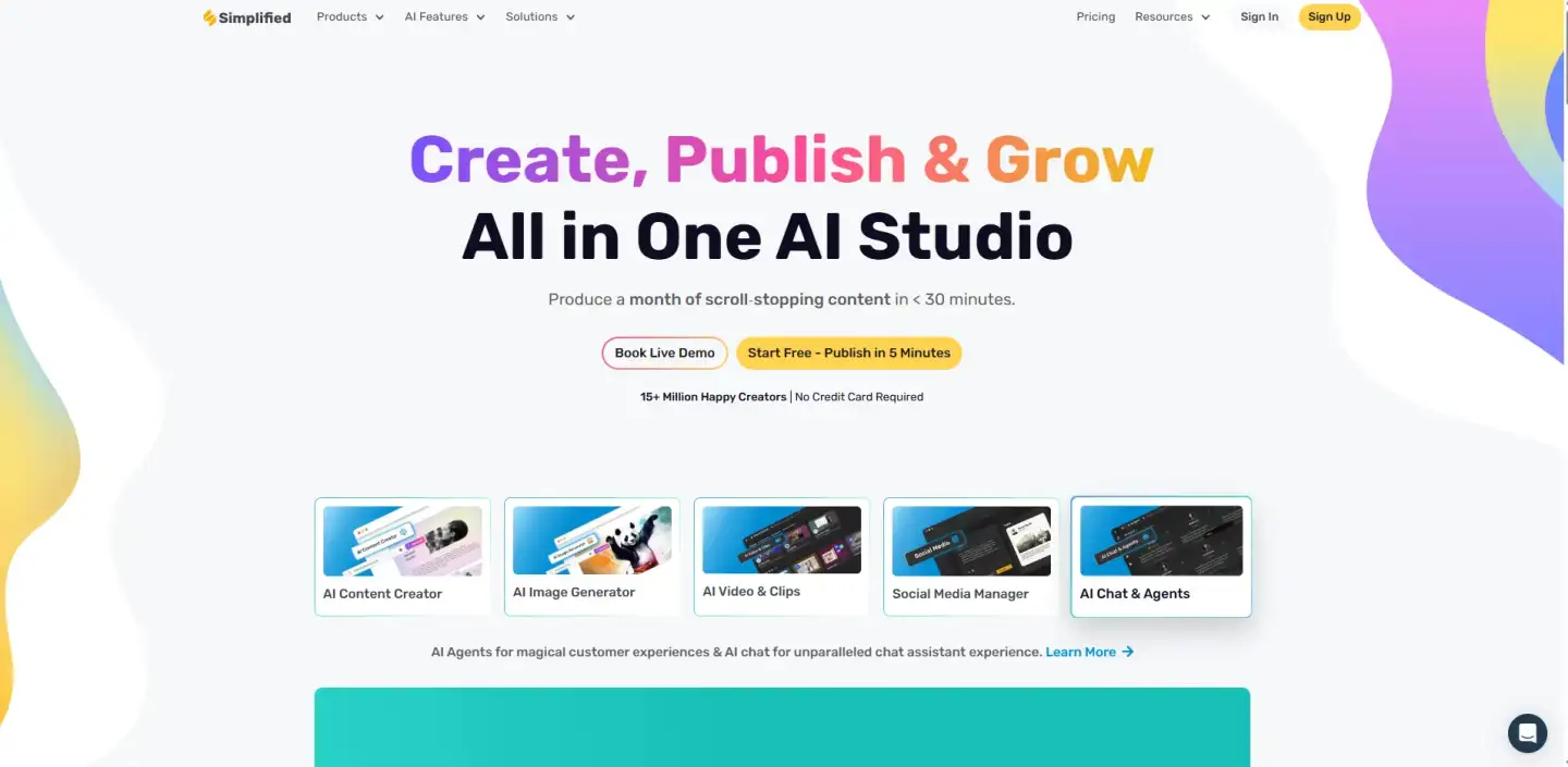 A colorful landing page for an all-in-one AI studio with the headline “Create, Publish & Grow” showcasing tools for content, image, video, social media, and chat creation.
