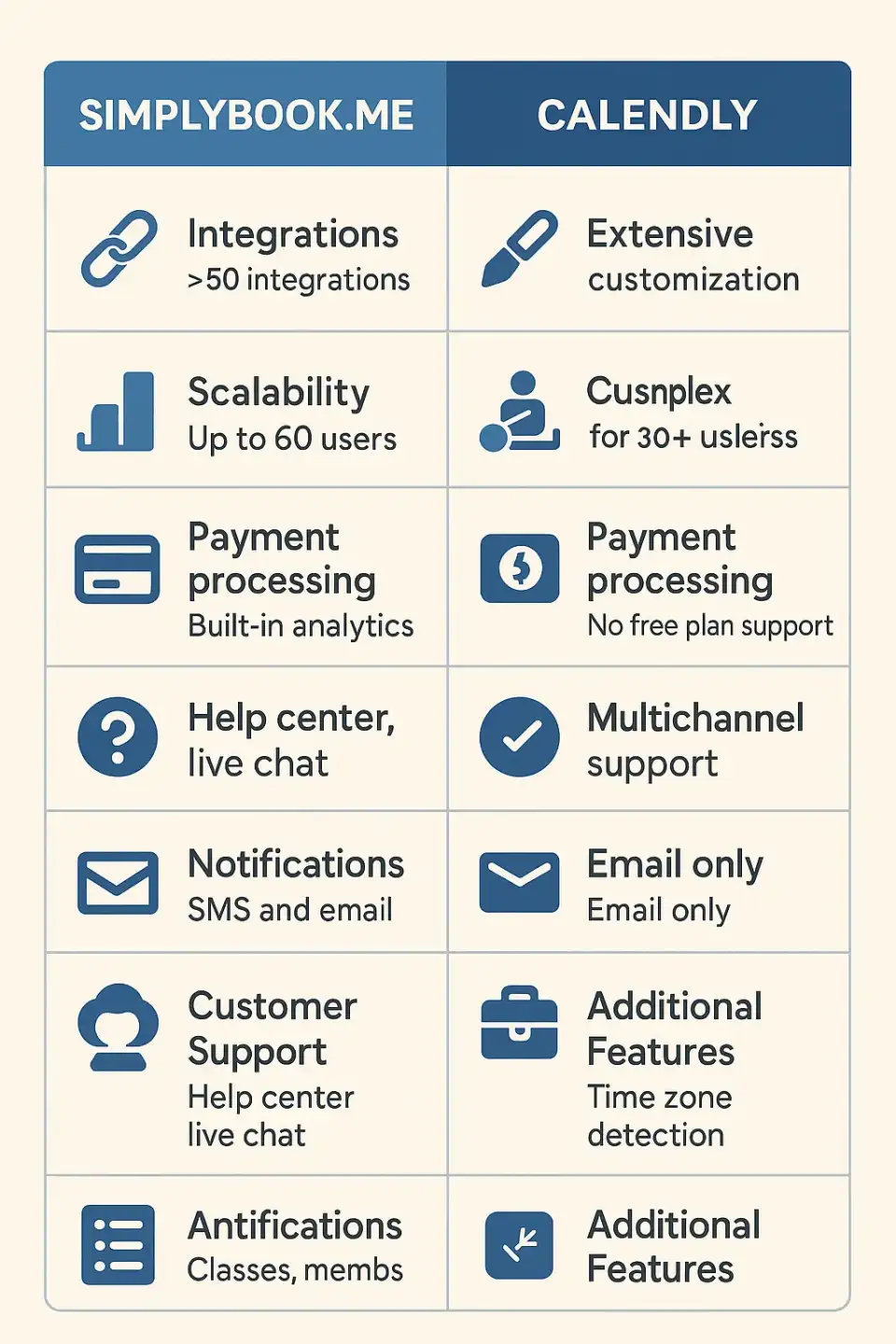 Програма ChatGPT сказала: Side-by-side feature table comparing SimplyBook.me and Calendly across integrations, scalability, payments, support, and notifications.