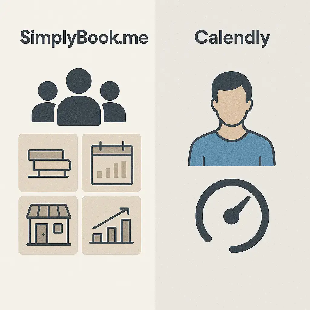 Split-screen graphic: SimplyBook.me side shows group and business icons; Calendly side shows a user avatar and a speedometer.