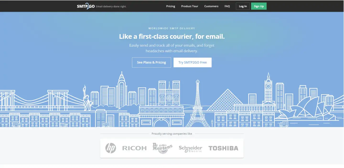 SMTP2GO landing page with nav bar, headline ‘Like a first-class courier, for email.