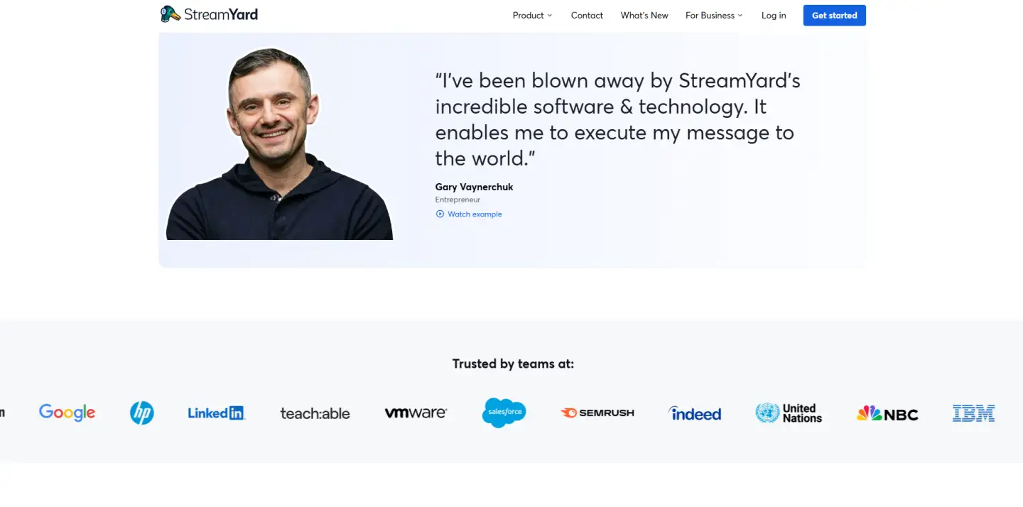 Homepage of StreamYard showcasing a testimonial and list of trusted company logos.