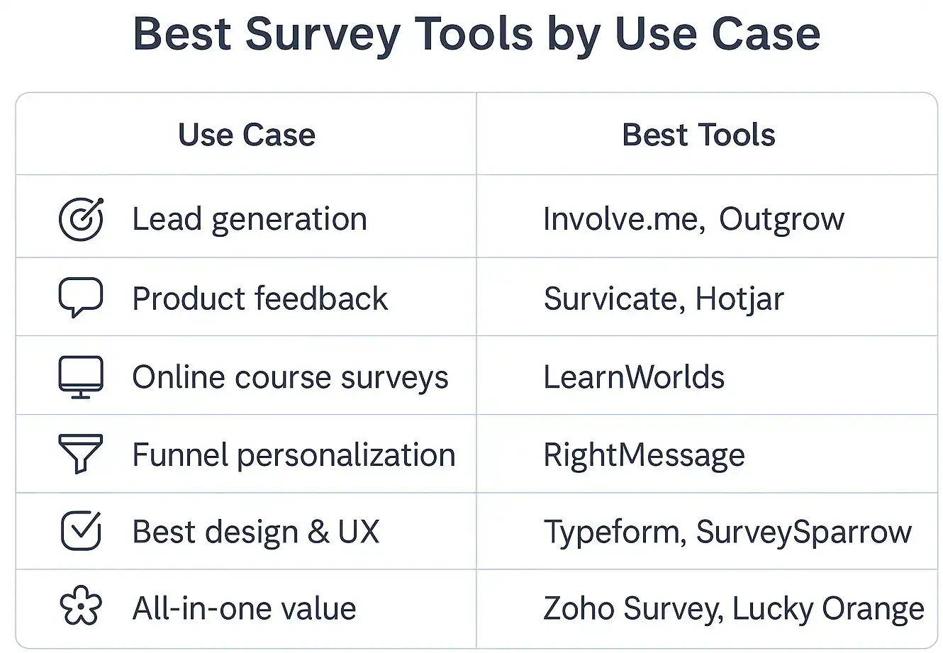 Visual chart matching online survey tools to use cases like lead generation, UX feedback, personalization, and educational surveys.