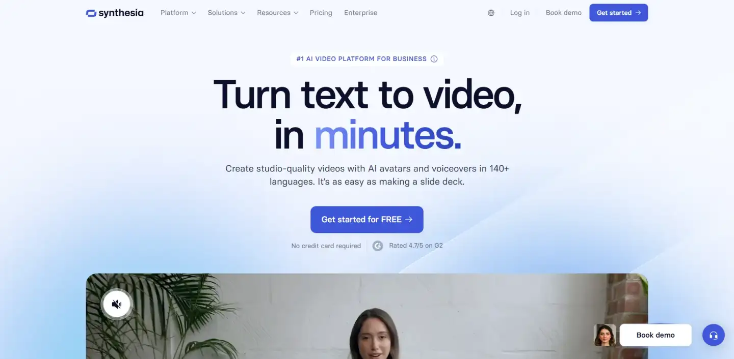 A clean AI video creation homepage with the headline “Turn text to video, in minutes” featuring AI avatars, language options, and a prominent call-to-action button.