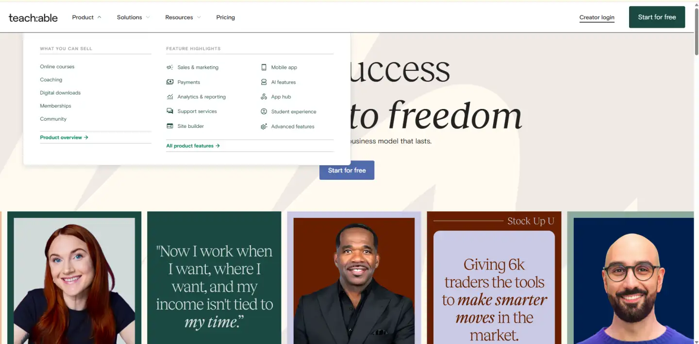 Teachable's product menu highlighting features like online courses, memberships, AI features, and mobile app support. The background showcases success stories from creators and a headline encouraging users to "Turn success into freedom."