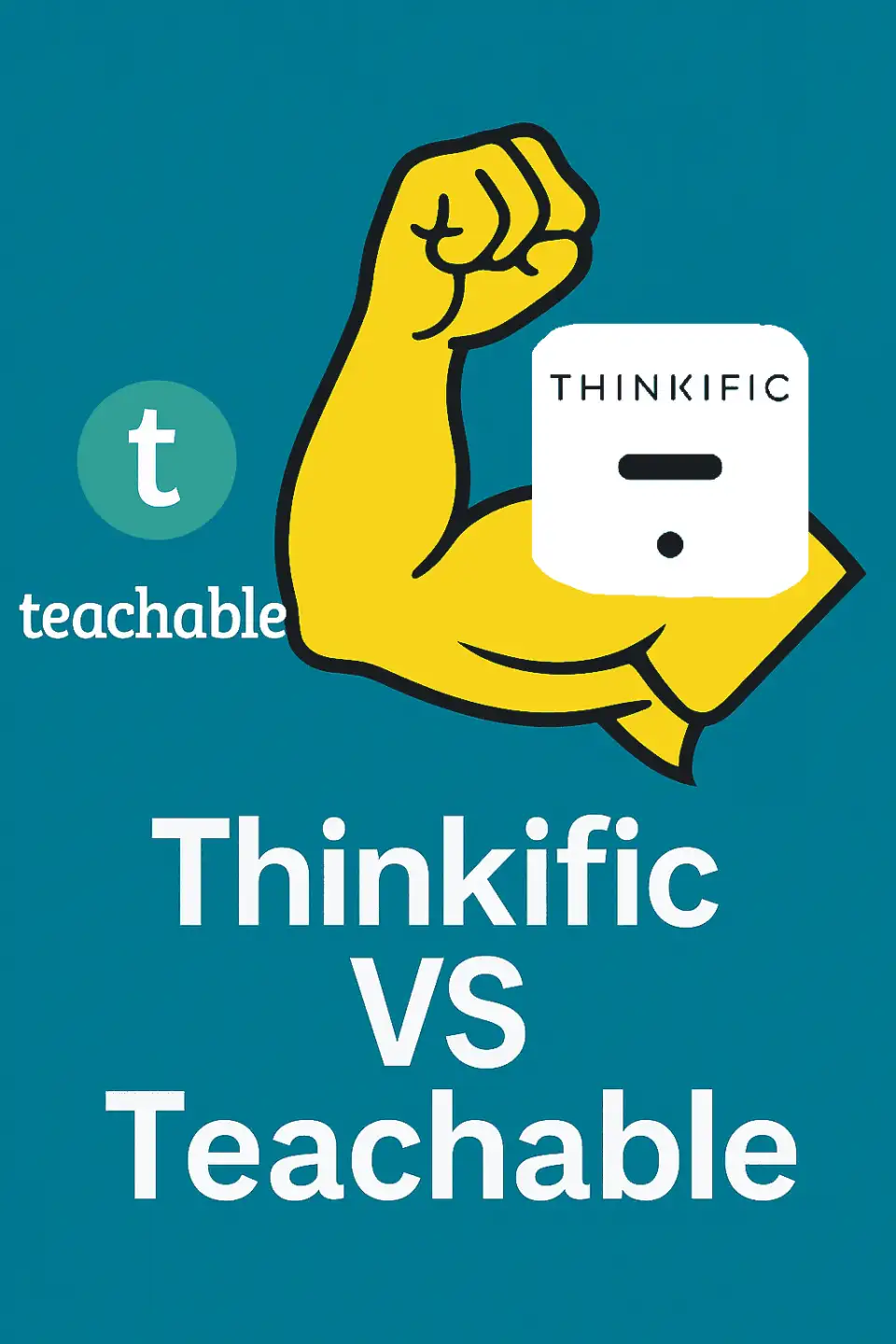 Illustration comparing Thinkific vs Teachable with a strong yellow arm flexing the Thinkific logo, symbolizing its power. The Teachable logo appears smaller on the left, emphasizing Thinkific as the superior choice.