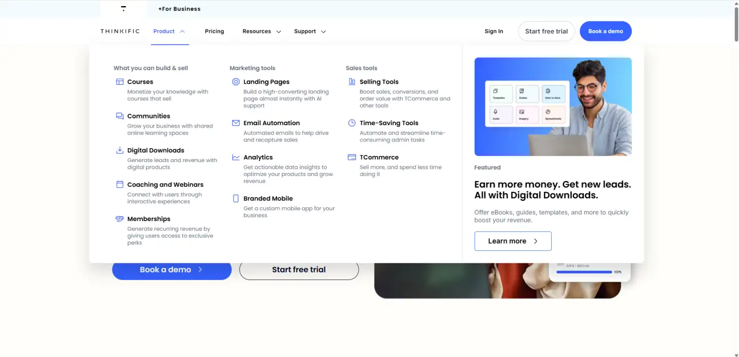 Thinkific's product features menu showing tools for building courses, communities, and digital downloads. Highlights include email automation, analytics, branded mobile apps, and sales tools like tCommerce and landing pages.