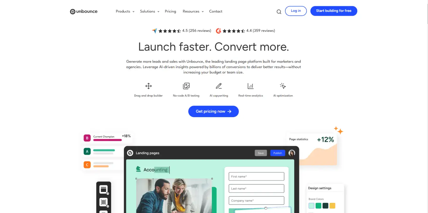 Unbounce homepage with headline, CTA button, and landing page editor preview.