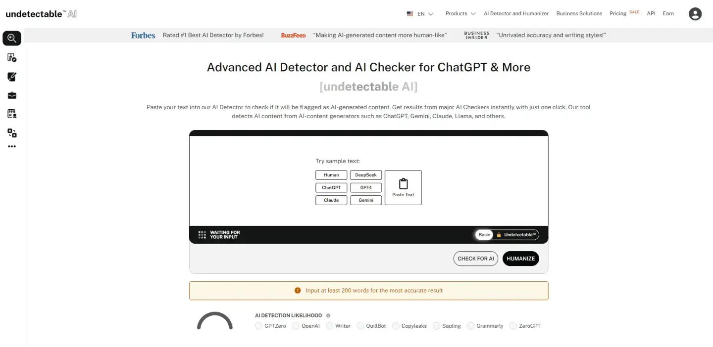 Undetectable.ai homepage showcasing its AI detection tool with a text input box, real-time detection likelihood gauge, and “Humanize” button.