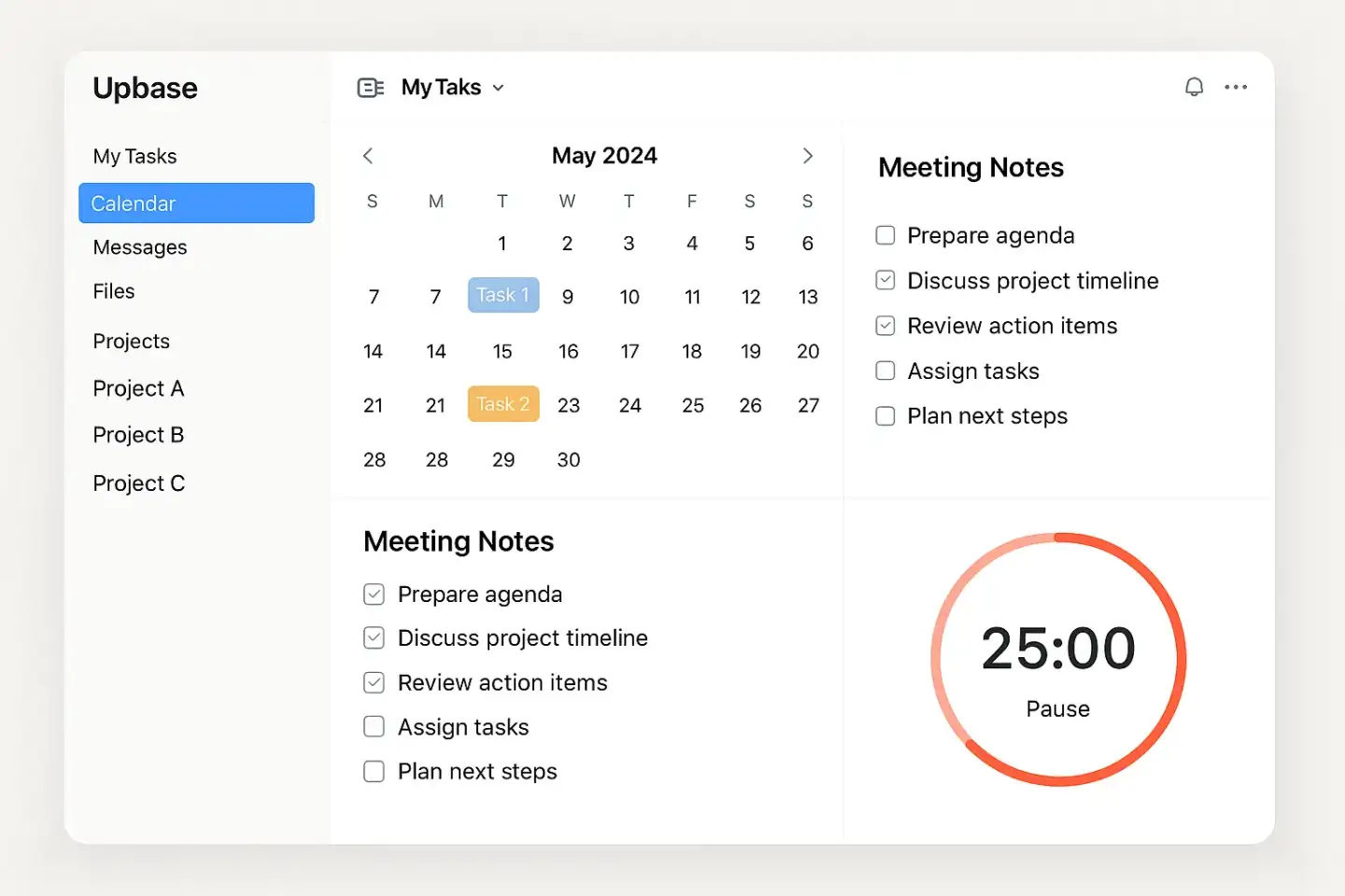 Upbase dashboard with project sidebar, task calendar, open note with checklist, and Pomodoro timer visible.