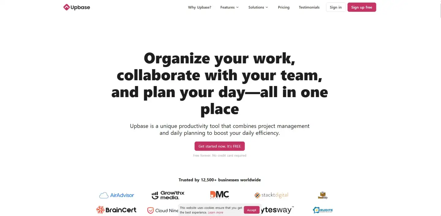 Upbase homepage highlighting work organization, team collaboration, and planning features with a call-to-action button and partner logos.