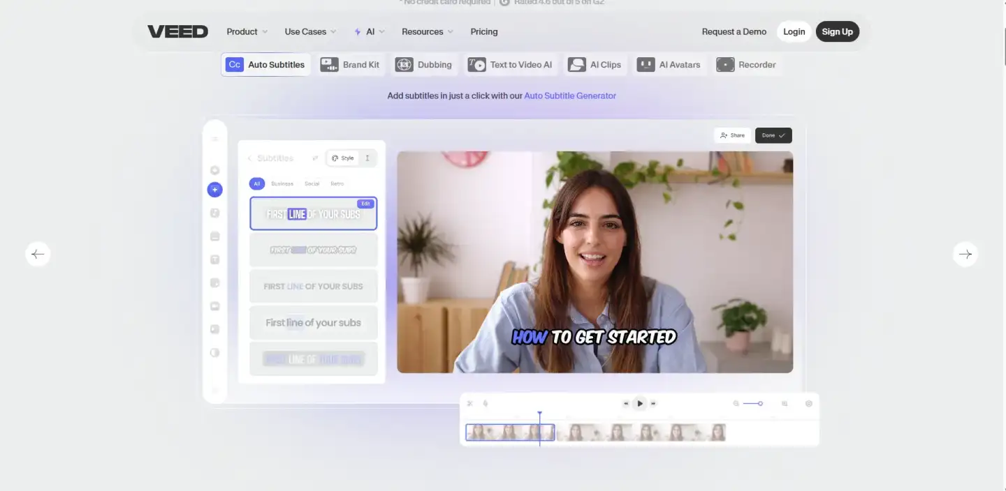 A browser-based video editor showing a smiling woman speaking, with styled auto-generated subtitles and a timeline preview.