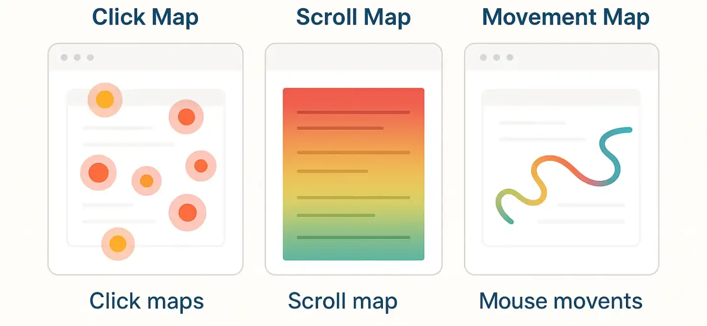 Infographic comparing types of website heatmaps: click maps, scroll maps, and movement maps, showing how users interact with web pages