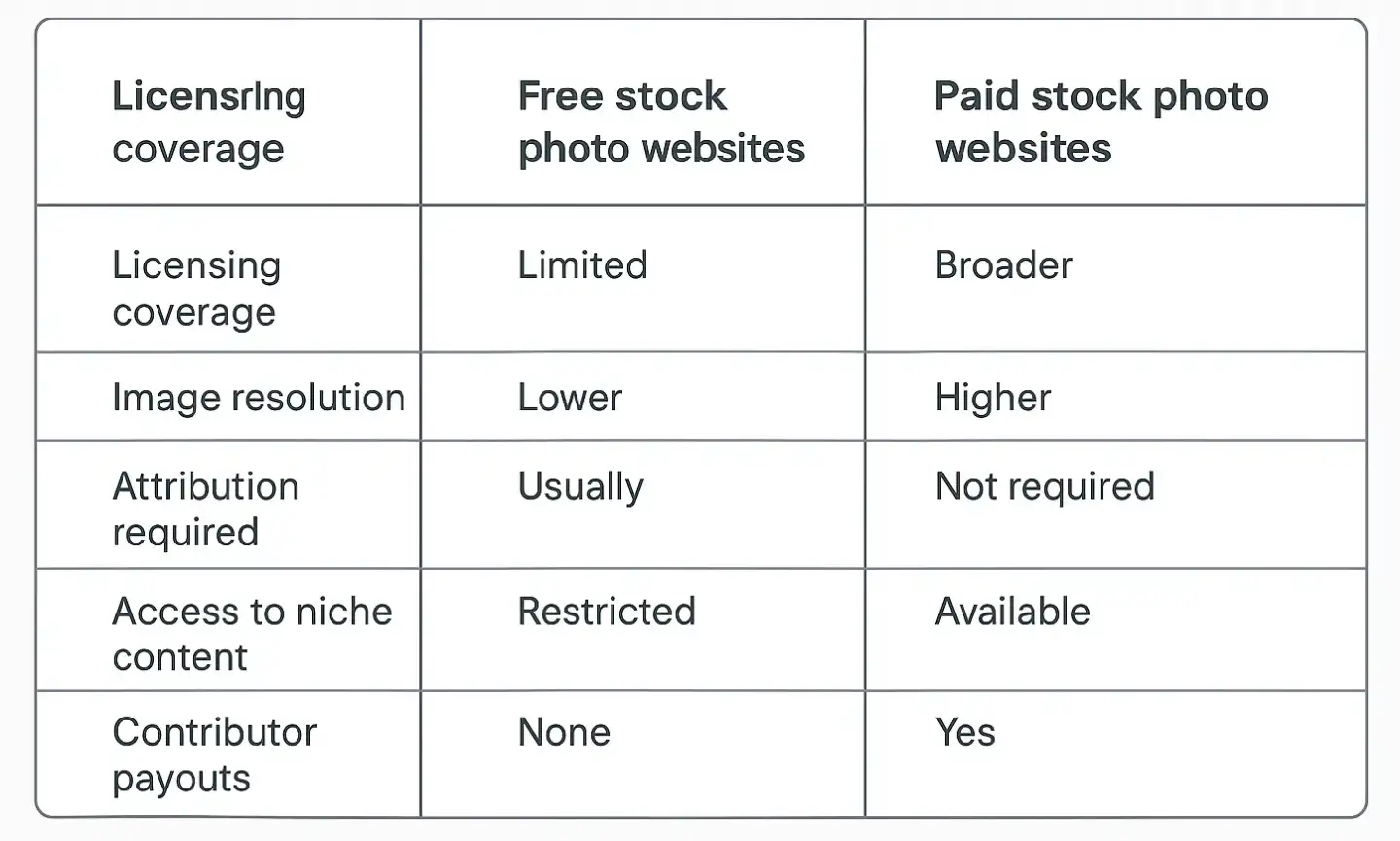 Comparison chart of free vs paid stock photo websites by licensing, resolution, and contributor support