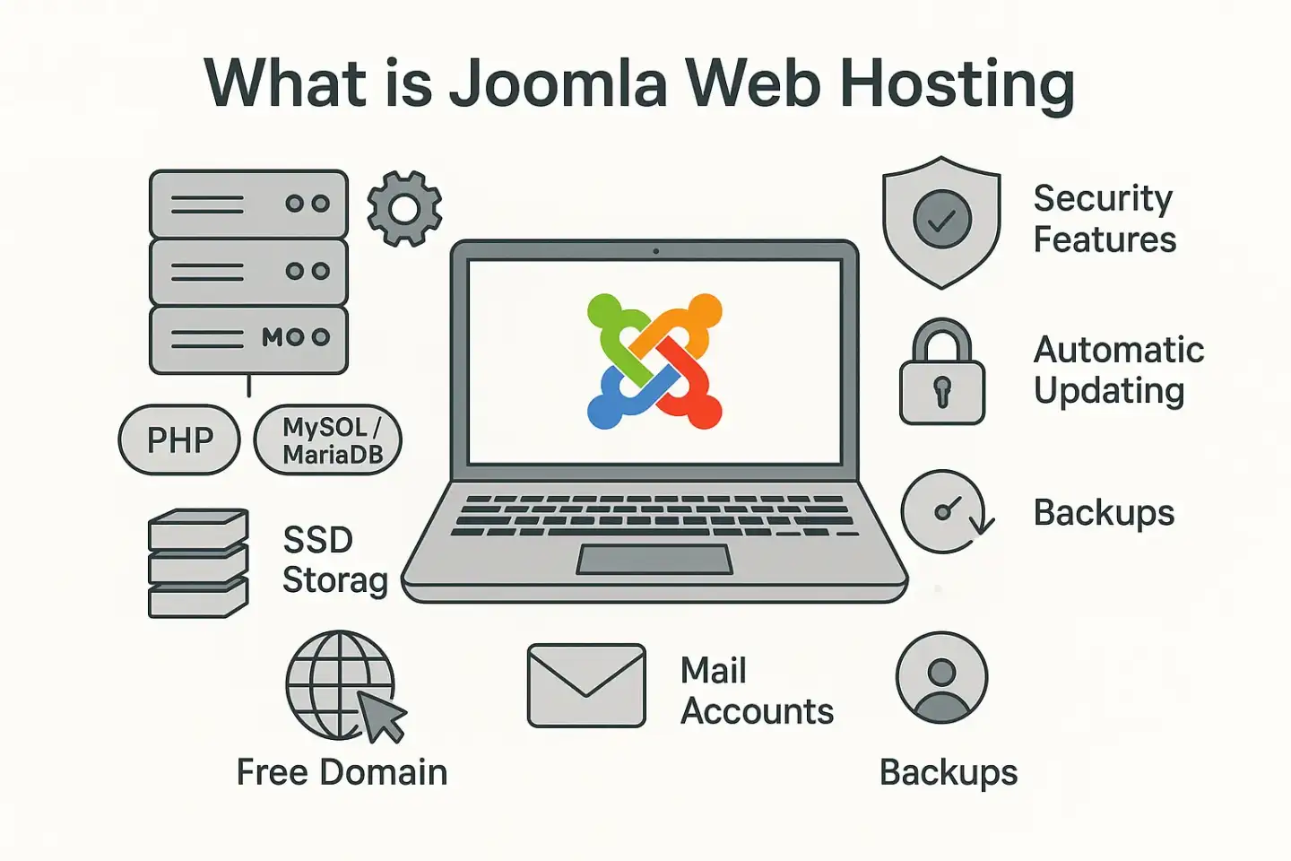 Visual of Joomla web hosting with laptop, server icons, and key features like PHP, MySQL, SSD, SSL, backups, and support.