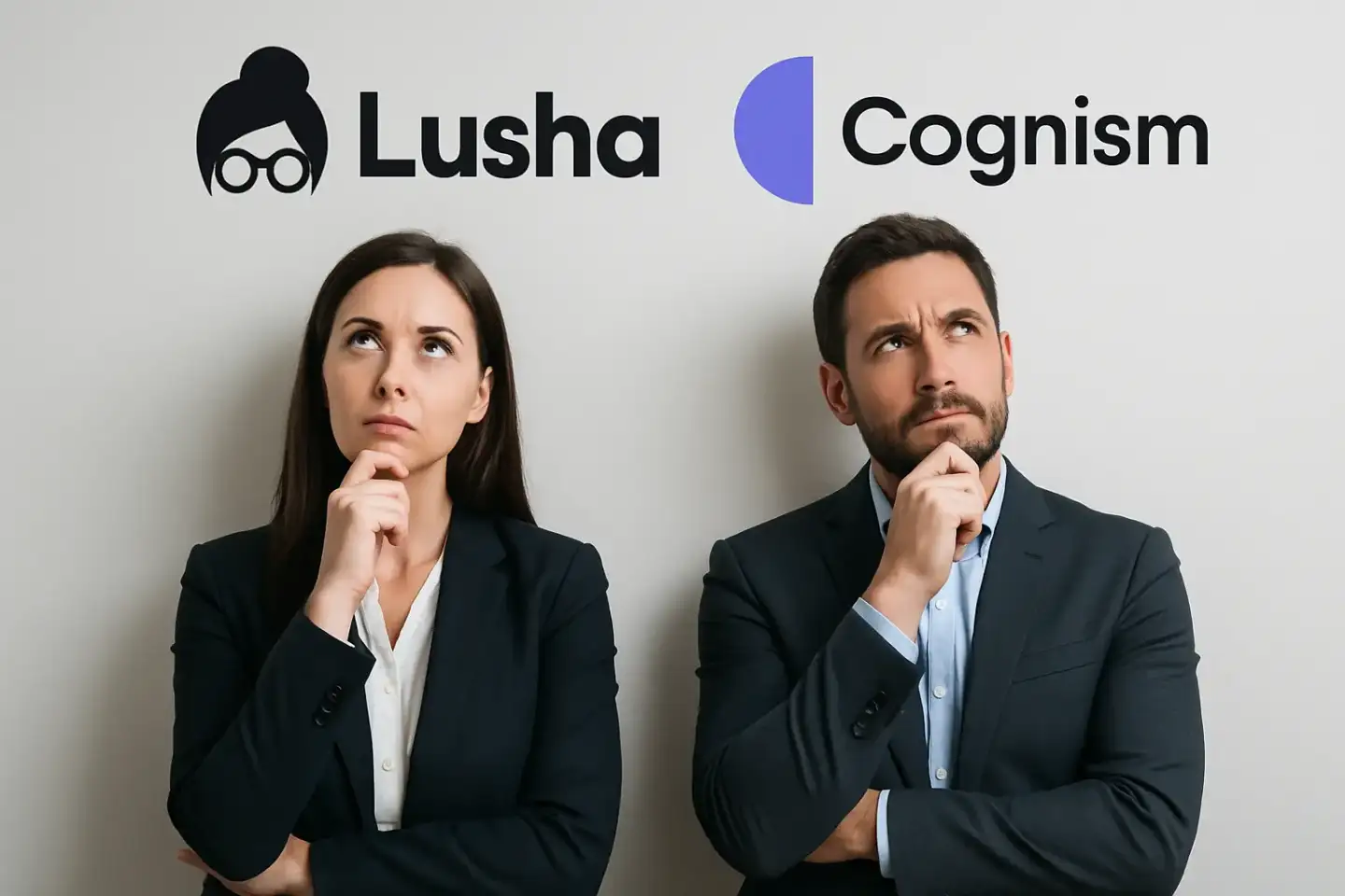 Two business professionals— a woman on the left under the Lusha logo and a man on the right under the Cognism logo—stand side by side against a neutral background, each with a hand on their chin and a thoughtful expression.