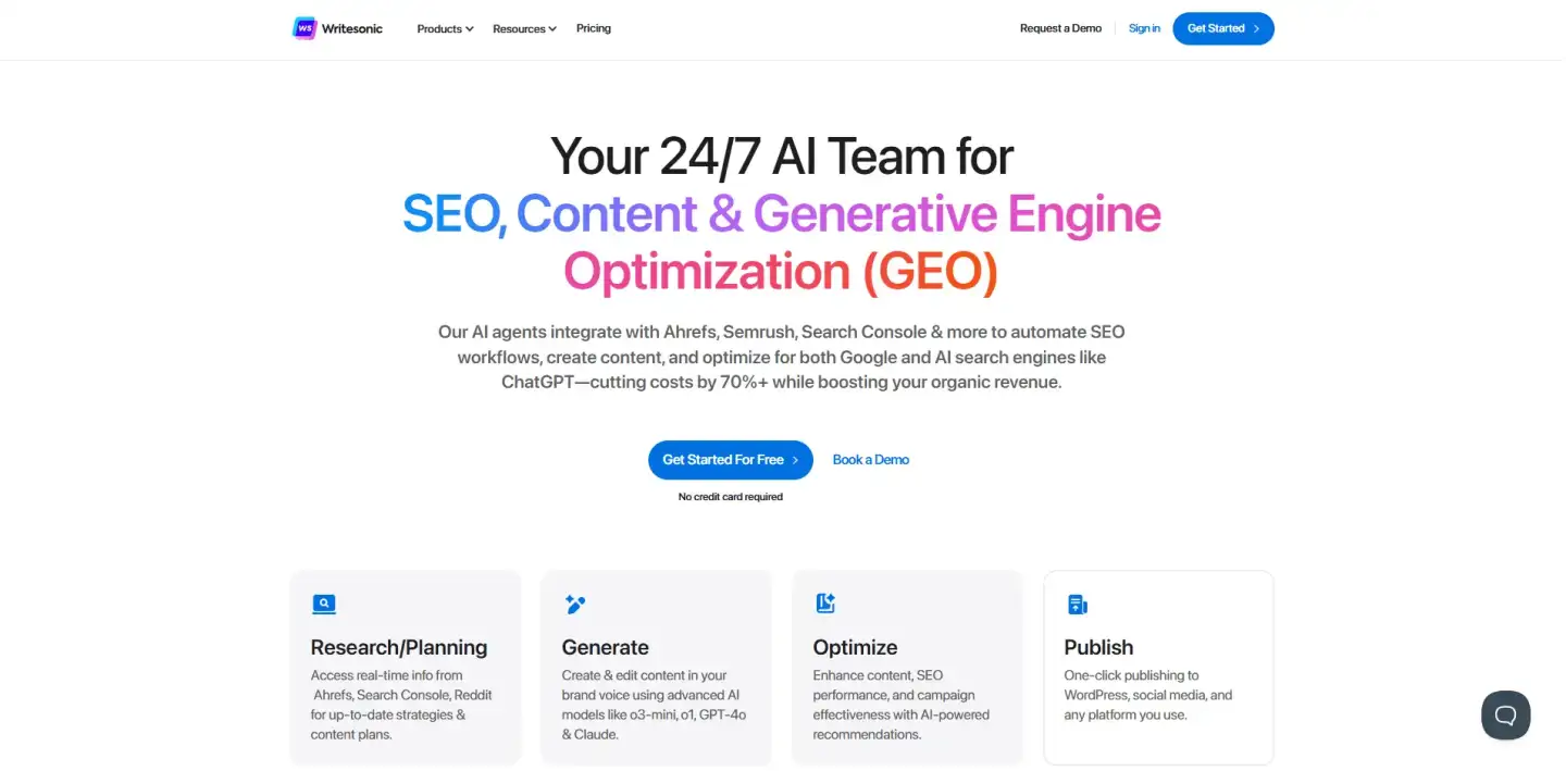 Writesonic homepage highlighting 24/7 AI-powered SEO, content generation, optimization, and publishing tools.