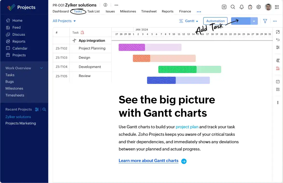 Zoho Notebook with colorful note cards on the left and Zoho Projects with a task list or Gantt chart on the right—showing note-taking and task planning side by side.